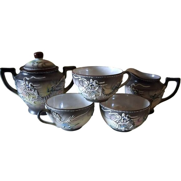 Vintage Japanese Dragon Tea Set Sugar Bowl Creamer 3 Cups  Hand-Painted Moriage - Picture 1 of 16